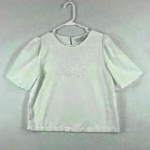 Loft Linen Blend Blouse Women's Sz S White with Eyelet Design and Sleeve Scallop